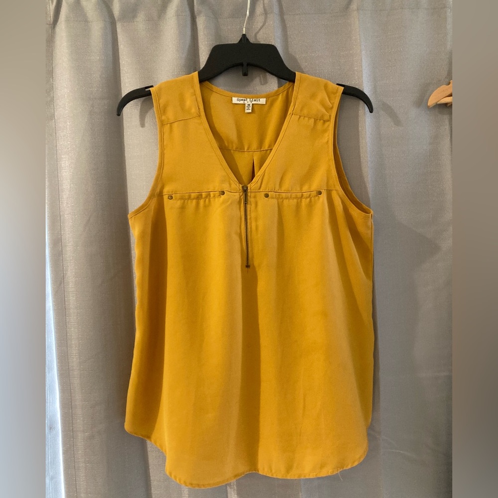 Mustard yellow short sleeve blouse petite.